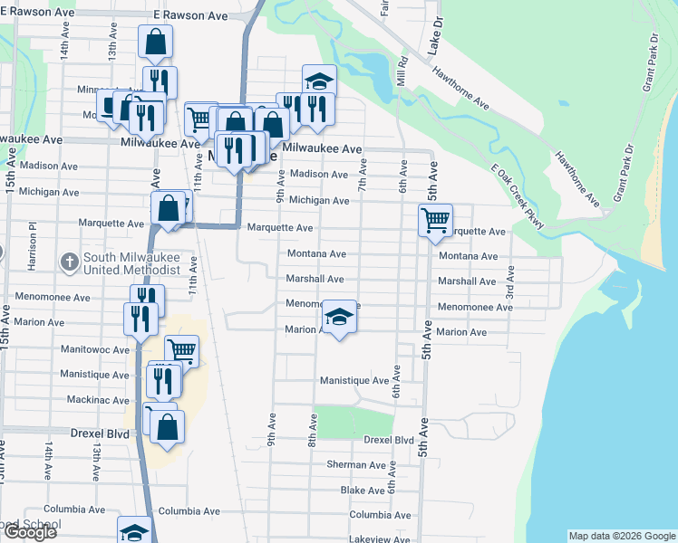 map of restaurants, bars, coffee shops, grocery stores, and more near 721 Marshall Avenue in South Milwaukee