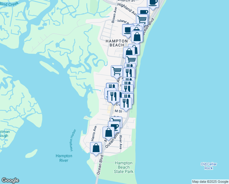 map of restaurants, bars, coffee shops, grocery stores, and more near in Hampton