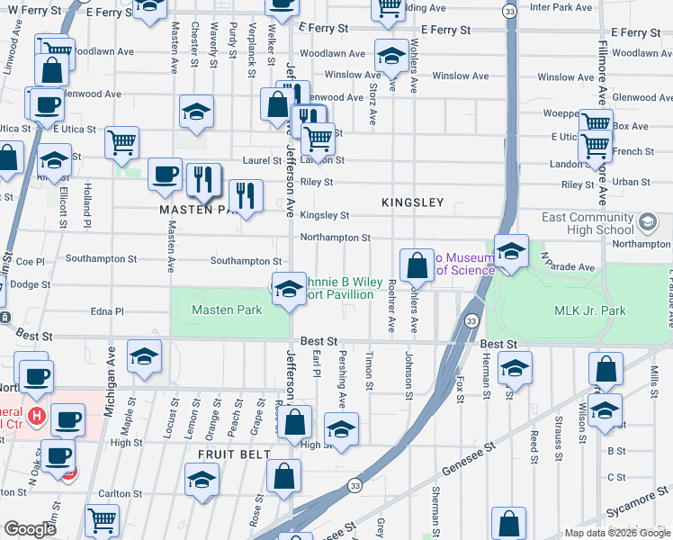 map of restaurants, bars, coffee shops, grocery stores, and more near 420 Dodge Street in Buffalo
