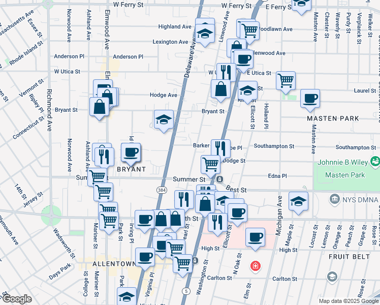 map of restaurants, bars, coffee shops, grocery stores, and more near 134 Linwood Avenue in Buffalo