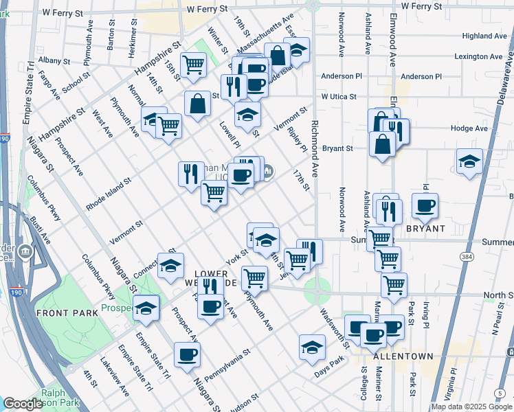 map of restaurants, bars, coffee shops, grocery stores, and more near 30 15th Street in Buffalo