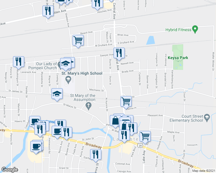 map of restaurants, bars, coffee shops, grocery stores, and more near 83 Sturm Street in Lancaster