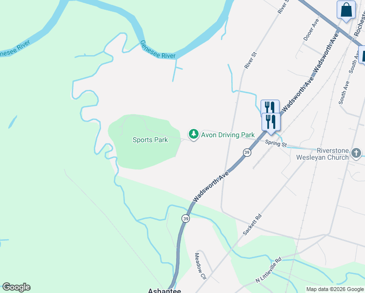 map of restaurants, bars, coffee shops, grocery stores, and more near 301 Spring Street in Avon
