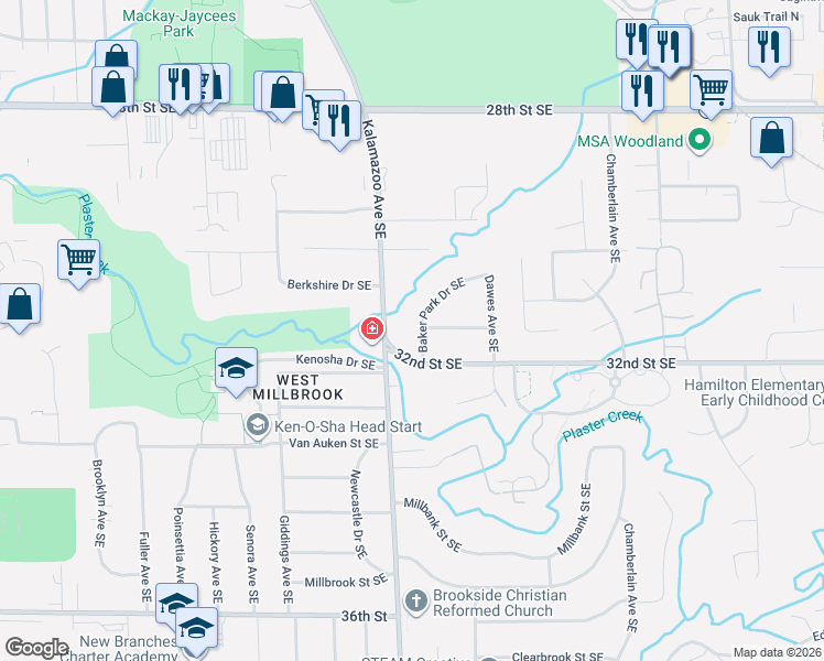 map of restaurants, bars, coffee shops, grocery stores, and more near 3161 Baker Park Drive Southeast in Grand Rapids