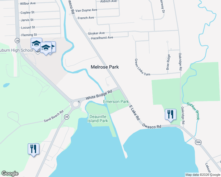 map of restaurants, bars, coffee shops, grocery stores, and more near 27 White Bridge Rd in Owasco