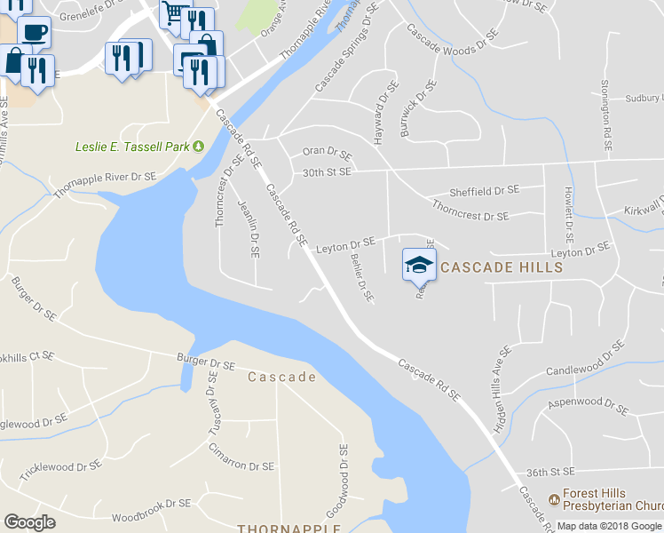 map of restaurants, bars, coffee shops, grocery stores, and more near 7095 Cascade Road Southeast in Grand Rapids