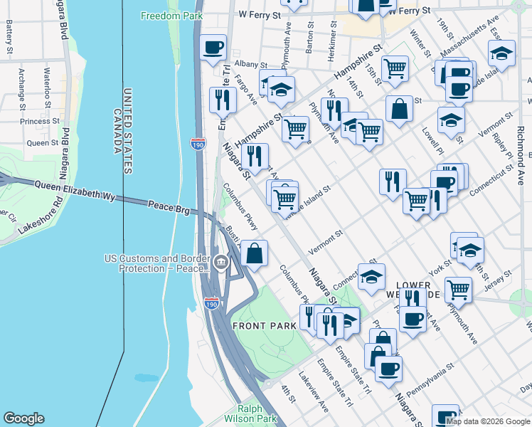 map of restaurants, bars, coffee shops, grocery stores, and more near in Buffalo