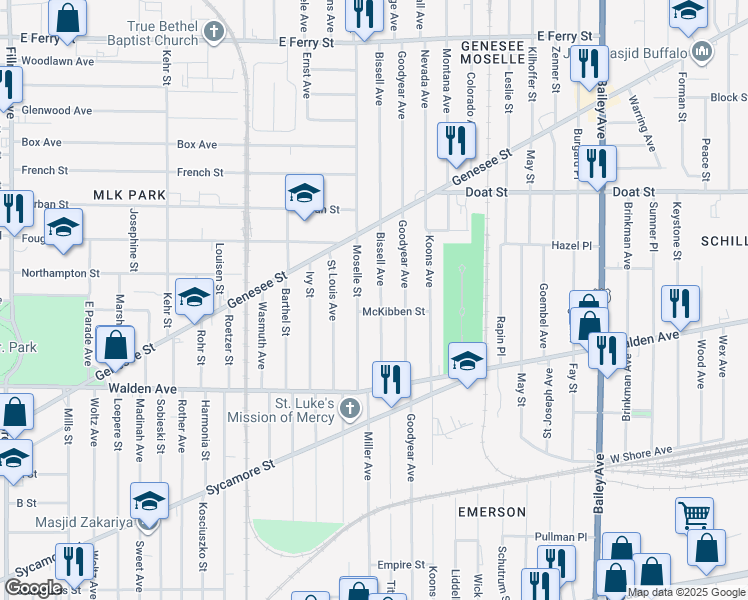 map of restaurants, bars, coffee shops, grocery stores, and more near 92 Bissell Avenue in Buffalo