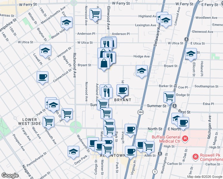 map of restaurants, bars, coffee shops, grocery stores, and more near 21 Saint Andrews Walk in Buffalo