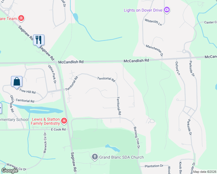 map of restaurants, bars, coffee shops, grocery stores, and more near 5410 Stony Hill Court in Grand Blanc