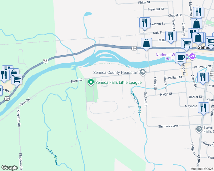 map of restaurants, bars, coffee shops, grocery stores, and more near Providence Avenue in Seneca Falls