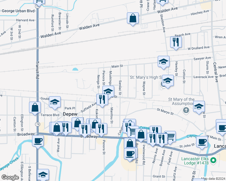 map of restaurants, bars, coffee shops, grocery stores, and more near 70 Saint James Street in Depew