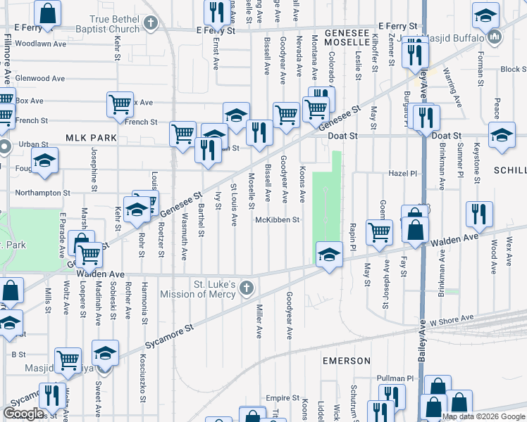 map of restaurants, bars, coffee shops, grocery stores, and more near 92 Bissell Avenue in Buffalo