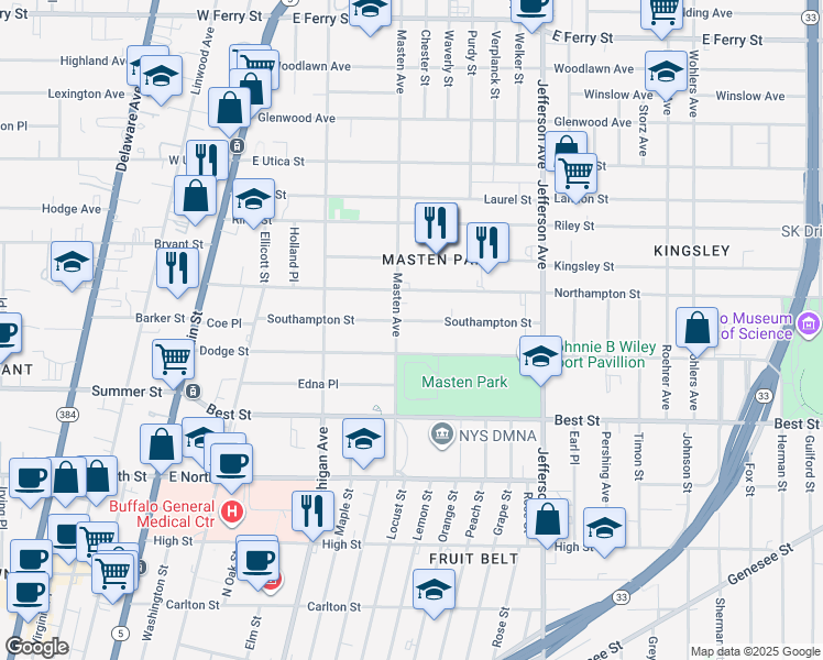 map of restaurants, bars, coffee shops, grocery stores, and more near 139 Masten Avenue in Buffalo