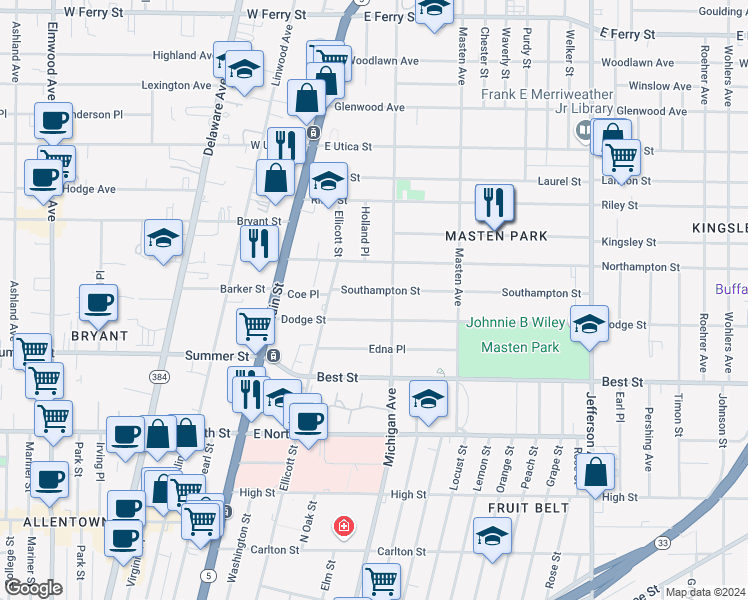 map of restaurants, bars, coffee shops, grocery stores, and more near 98 Dodge Street in Buffalo
