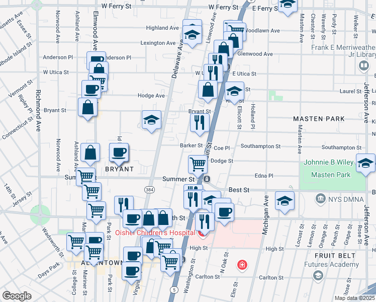 map of restaurants, bars, coffee shops, grocery stores, and more near 1192 Main Street in Buffalo