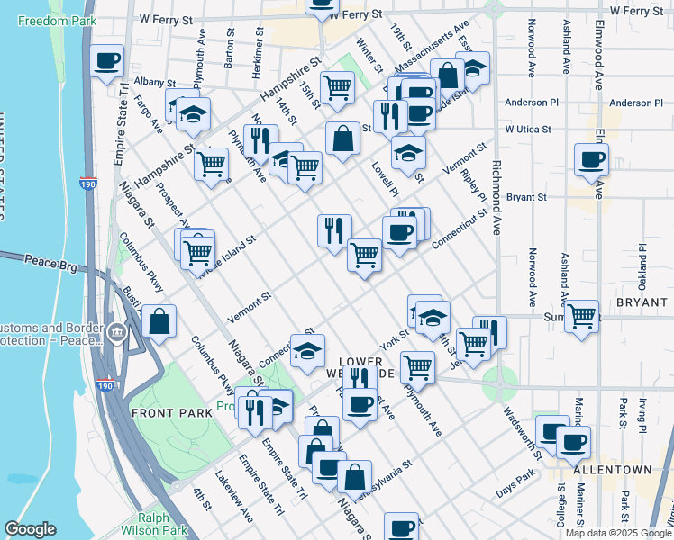 map of restaurants, bars, coffee shops, grocery stores, and more near 303 Plymouth Avenue in Buffalo