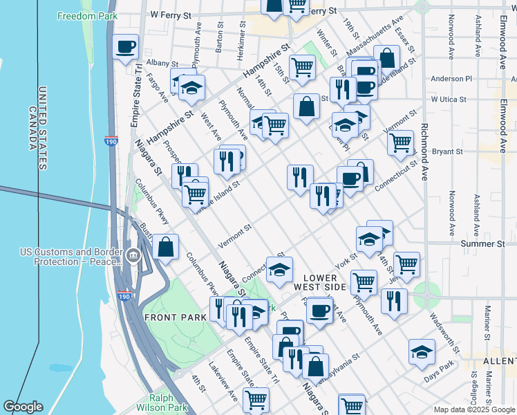 map of restaurants, bars, coffee shops, grocery stores, and more near 343 Fargo Avenue in Buffalo