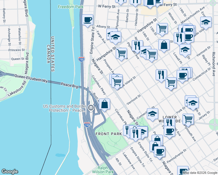 map of restaurants, bars, coffee shops, grocery stores, and more near in Buffalo