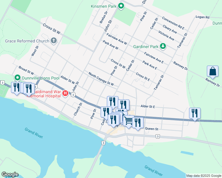 map of restaurants, bars, coffee shops, grocery stores, and more near 416 Cedar Street in Haldimand County