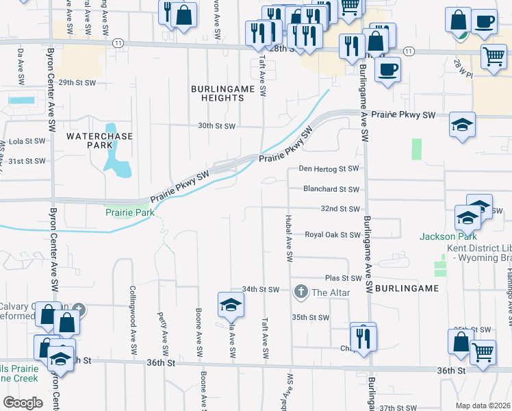 map of restaurants, bars, coffee shops, grocery stores, and more near 1832 32nd Street Southwest in Wyoming