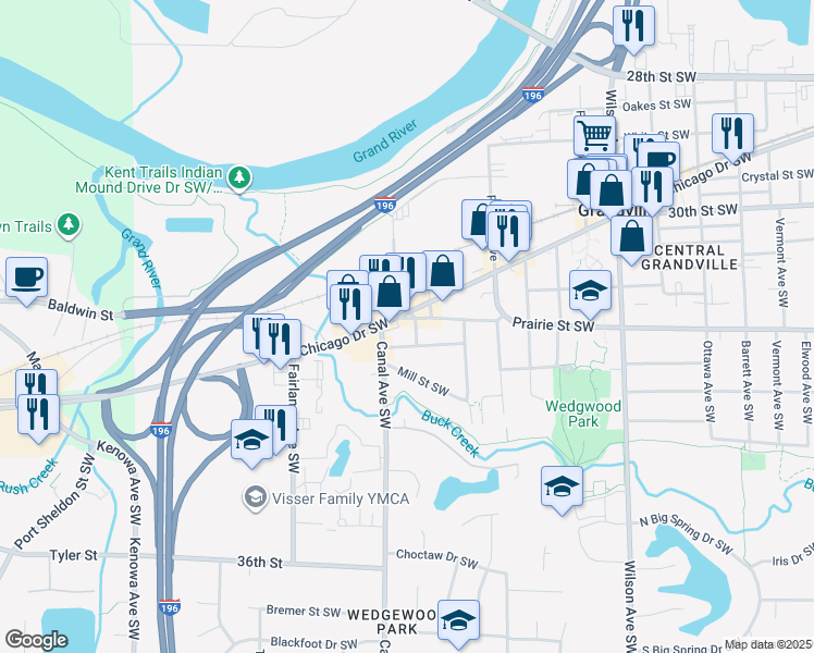 map of restaurants, bars, coffee shops, grocery stores, and more near 4379 Fairview Street Southwest in Grandville