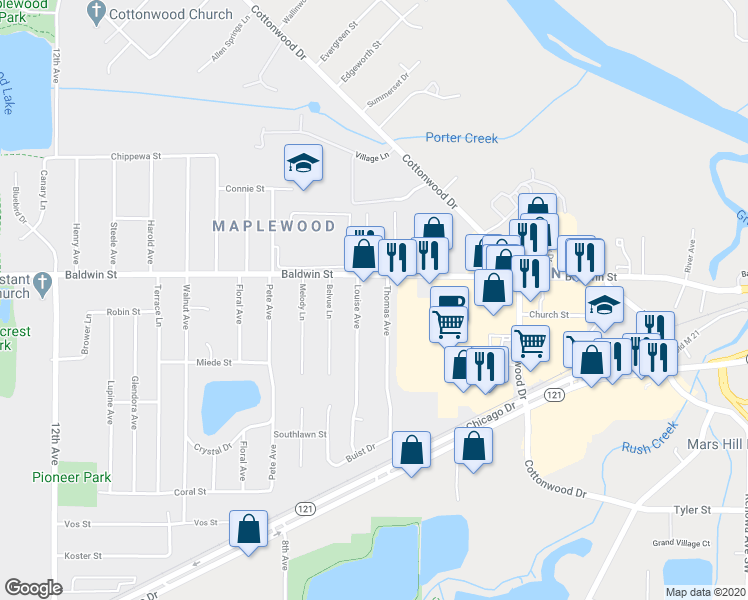 map of restaurants, bars, coffee shops, grocery stores, and more near 7533 Thomas Avenue in Georgetown Township