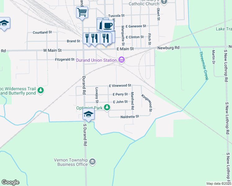 map of restaurants, bars, coffee shops, grocery stores, and more near 111 East Perry Street in Durand
