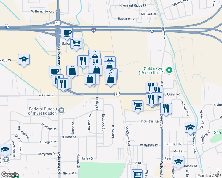 map of restaurants, bars, coffee shops, grocery stores, and more near 1710 Hurley Drive in Pocatello