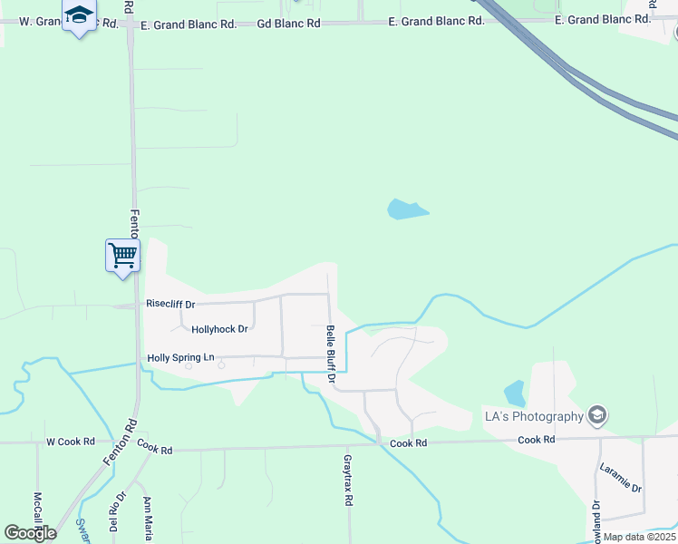map of restaurants, bars, coffee shops, grocery stores, and more near 8331 Belle Bluff Drive in Grand Blanc
