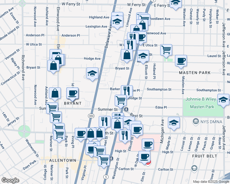 map of restaurants, bars, coffee shops, grocery stores, and more near 151 Linwood Avenue in Buffalo