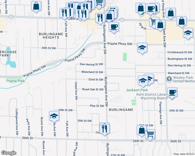 map of restaurants, bars, coffee shops, grocery stores, and more near 1627 32nd Street Southwest in Wyoming