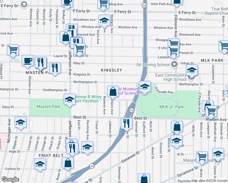 map of restaurants, bars, coffee shops, grocery stores, and more near 95 Wohlers Avenue in Buffalo