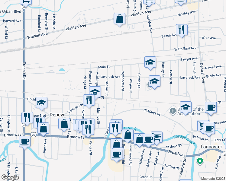 map of restaurants, bars, coffee shops, grocery stores, and more near 182 Calumet Street in Depew