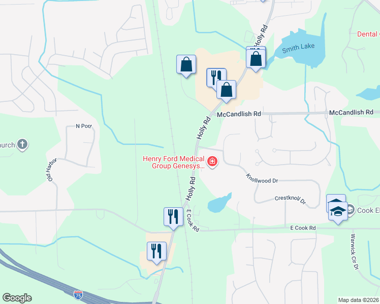 map of restaurants, bars, coffee shops, grocery stores, and more near 8402 Holly Road in Grand Blanc