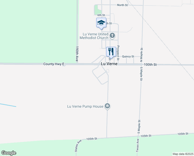 map of restaurants, bars, coffee shops, grocery stores, and more near 200 Broadway Street in Lu Verne