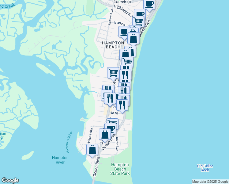 map of restaurants, bars, coffee shops, grocery stores, and more near in Hampton