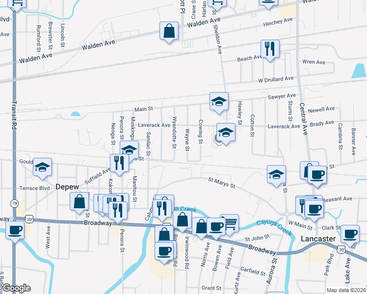 map of restaurants, bars, coffee shops, grocery stores, and more near 15 Wyandotte Street in Depew