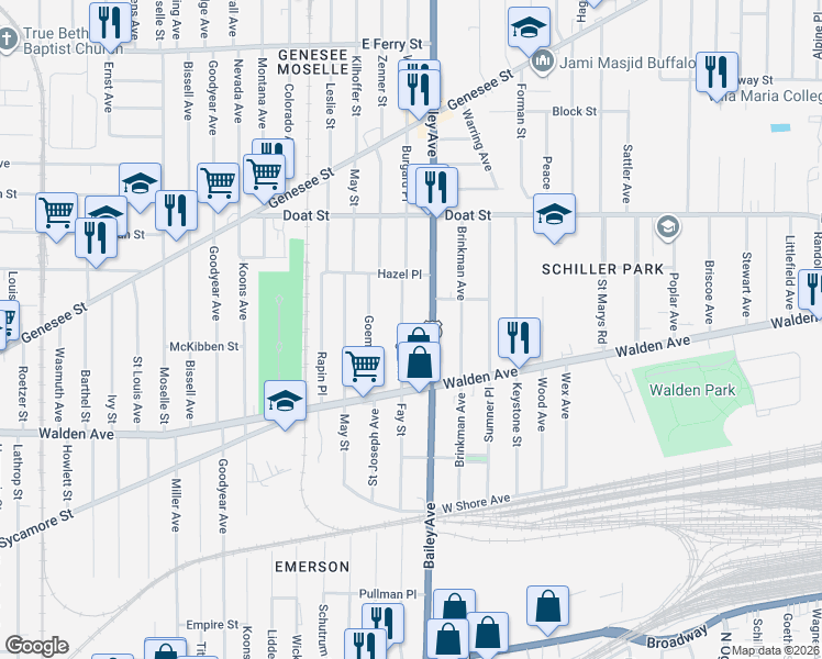map of restaurants, bars, coffee shops, grocery stores, and more near 39 Burgard Place in Buffalo