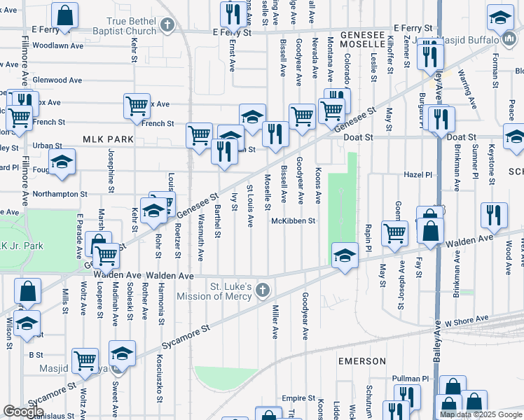 map of restaurants, bars, coffee shops, grocery stores, and more near 89 Saint Louis Avenue in Buffalo