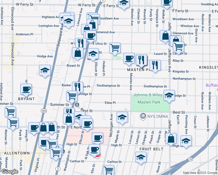 map of restaurants, bars, coffee shops, grocery stores, and more near 1199 Michigan Avenue in Buffalo