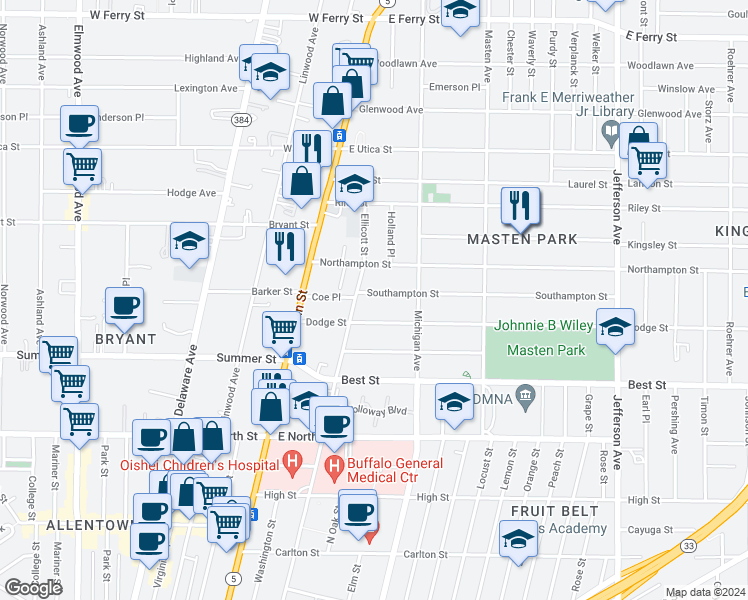 map of restaurants, bars, coffee shops, grocery stores, and more near 98 Dodge Street in Buffalo