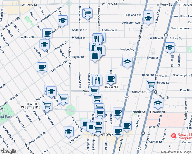 map of restaurants, bars, coffee shops, grocery stores, and more near 326 Elmwood Avenue in Buffalo