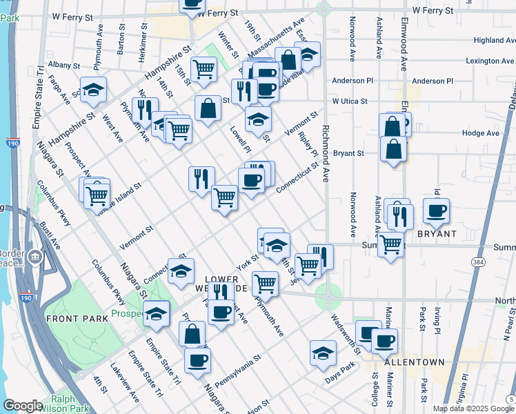 map of restaurants, bars, coffee shops, grocery stores, and more near 186 14th Street in Buffalo