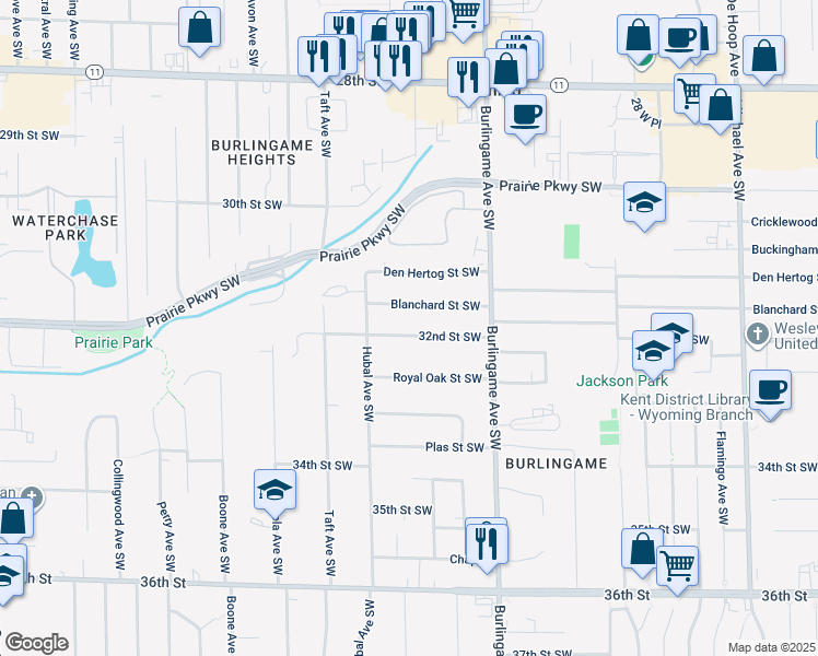 map of restaurants, bars, coffee shops, grocery stores, and more near 1730 32nd Street Southwest in Wyoming