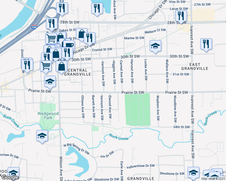 map of restaurants, bars, coffee shops, grocery stores, and more near 3672 Prairie Street Southwest in Grandville