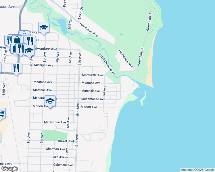 map of restaurants, bars, coffee shops, grocery stores, and more near 232 Marshall Avenue in South Milwaukee