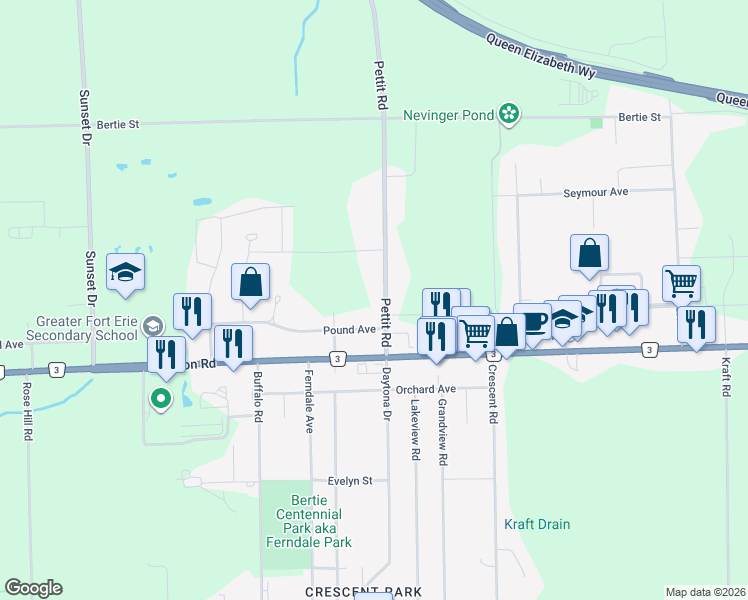 map of restaurants, bars, coffee shops, grocery stores, and more near in Fort Erie