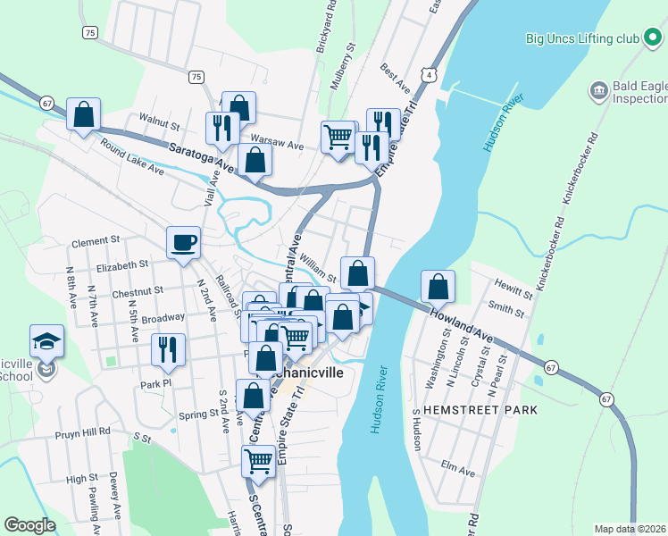 map of restaurants, bars, coffee shops, grocery stores, and more near 33 William Street in Mechanicville