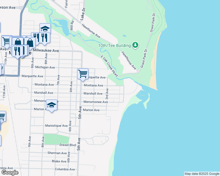 map of restaurants, bars, coffee shops, grocery stores, and more near 232 Marshall Avenue in South Milwaukee